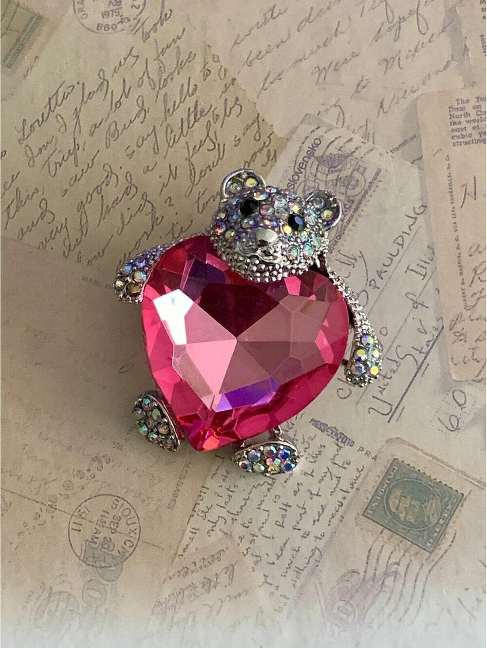 Sparkling Pink Heart Teddy Bear Brooch with Rhinestone Details